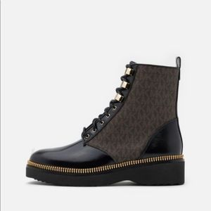 Michael Kors Logo Combat Haskell Ankle Bootie Boot Black Brown